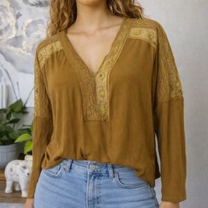 Free People Top Crochet Lace Boho Vneck Tunic Peasant Fairy Indie Cottage Floral